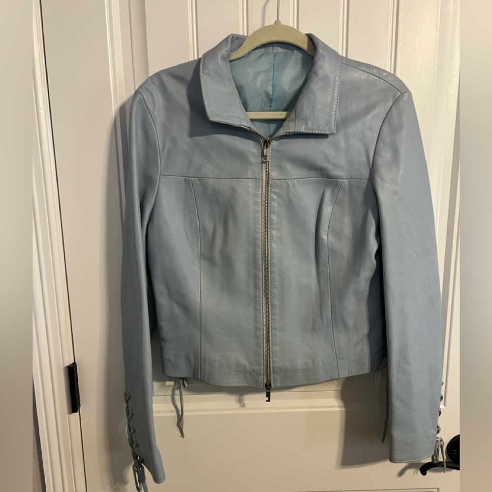 Vera Pelle Women's Light Blue Italian Leather Jacket w/Lace-up Details. Tag XL
